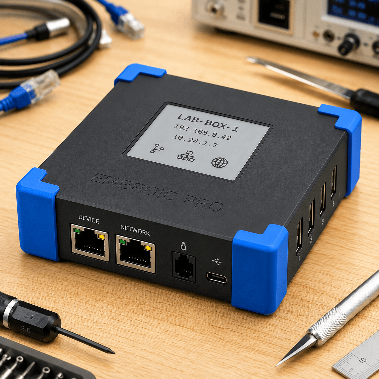 Embroid Pro hardware, black lab automation hub with blue corner bumpers, e-ink status display, Gigabit Ethernet ports, USB ports, and accessory connections.